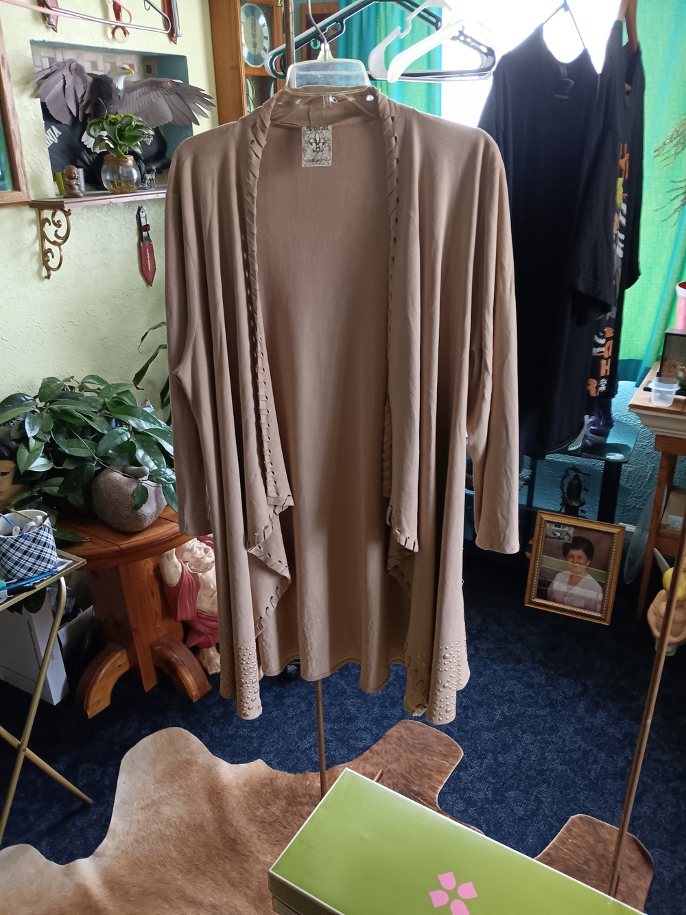 Vocal Taupe Open-Front Draped Suade Duster